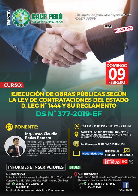 Ejecución De Obras Públicas Según La Ley De Contrataciones Del Estado D. Leg N° 1444 Y Su Reglamento D.S N° 377-2019 –Ef. 2019 - 2 - Huancayo