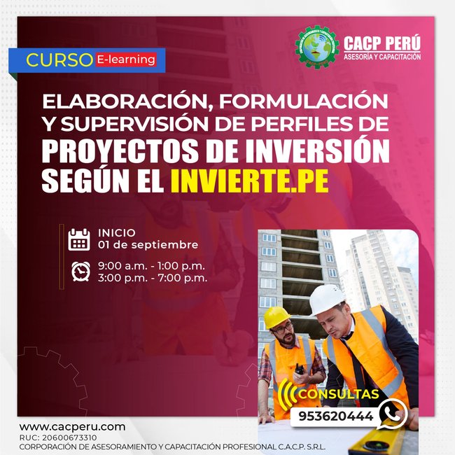 Elaboración, Formulación Y Supervisión De Perfiles De Proyectos De Inversión Según El Invierte.Pe 2024 - 2 E-Learning