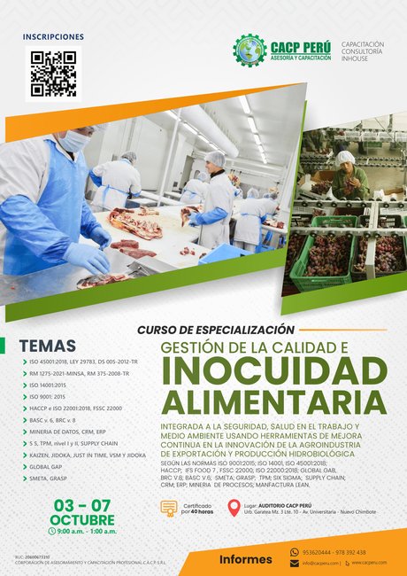 Gestión De La Calidad E Inocuidad Alimentaria Integrada A La Seguridad, Salud En El Trabajo Y Medio Ambiente Usando Herramientas De Mejora Continua En La Innovación De La Agroindustria De Exportación Y Producción Hidrobiológica. 2022 - 2