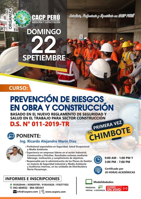 Prevención De Riesgos En Obra Y Construcción Basado En El Nuevo Reglamento De Seguridad Y Salud En El Trabajo Para Sector Construccion D.S. N° 011-2019-Tr. 2019 - 1