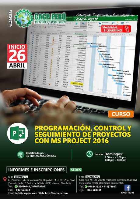 Programación, Control Y Seguimiento De Proyectos Con Ms Project 2016. 2019 - 2 - Huancayo- Virtual