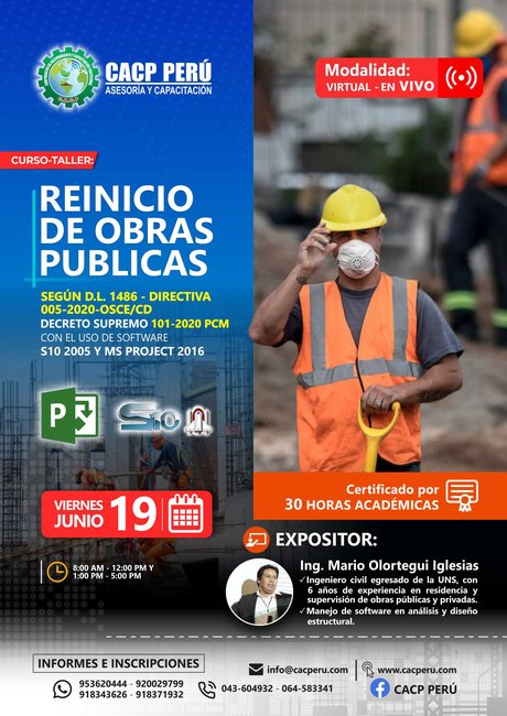 Reinicio De Obras Publicas Según D.L. 1486 - Directiva 005-2020-Osce/Cd Decreto Supremo 101-2020 Pcm Con El Uso De Software S10 2005 Y Ms Project 2016. 2020 - 1