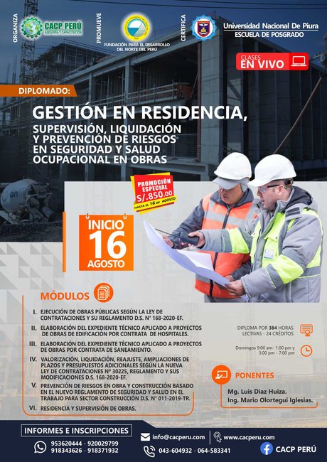Gestión En Residencia, Supervisión, Liquidación Y Prevención De Riesgos En Seguridad Y Salud Ocupacional En Obras. 2020 - 2