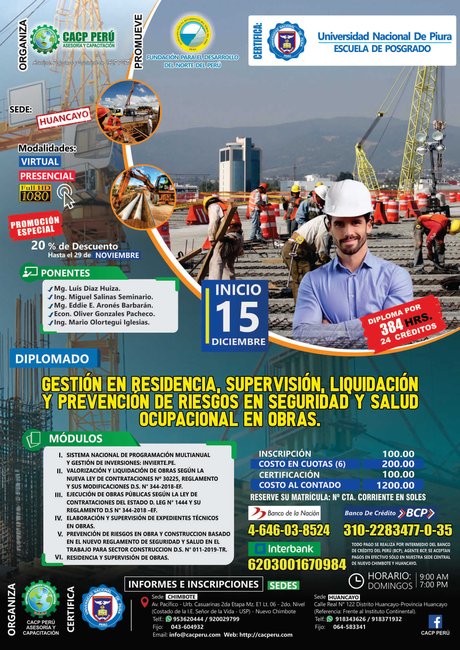 Gestión En Residencia, Supervisión, Liquidación Y Prevención De Riesgos En Seguridad Y Salud Ocupacional En Obras. 2019 - 2 - Huancayo