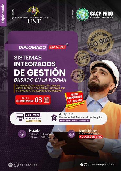 Sistemas Integrados De Gestión Basado En La Norma Iso 45001:2018/ Iso 9001:2015/ Iso 14001:2015 /Iso/Iec 17025:2017 / Iso 37001:2016 / Iso 22000:2018 / Iso 31000:2018 / Iso 39001:2018. 2024 - 2